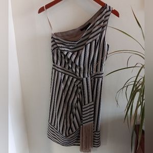 BCBGmaxazria 100% silk one shoulder striped mini dress in black and taupe size S